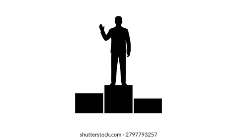 Man Standing On Podium With Raised Hand Black Silhouette figure person male stand platform stage