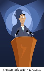 Man standing on a podium under spotlights, paralyzed by speech anxiety, EPS 8 vector illustration, no transparencies