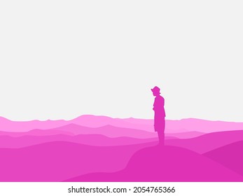 man standing on a rock raising his hand. Nature and beauty concept. Silhouettes in beautiful mountains. illustration flat. 