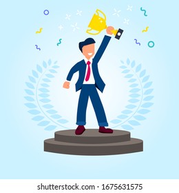 A man standing on the round pedestal with gold cup in hands. Trendy flat vector illustration on the blue background.