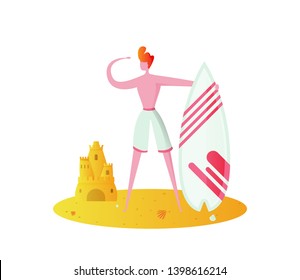 man standing on a sandy beach with a surfboard ,vector colorful illustration with character on a white background