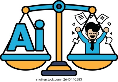 A man is standing on a scale with the letters AI on the left side. He is smiling and he is happy