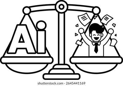 A man is standing on a scale with the letters AI on the left side. He is smiling and he is happy