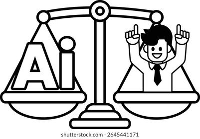 A man is standing on a scale with the letters AI on the left side. He is holding up his hands and smiling. Concept of balance and positivity, as the man's actions suggest that he is confident