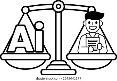 A man is standing on a scale with the letters AI on the left side. The scale is balanced, with the man on the right side. Concept of balance and the importance of AI in our lives