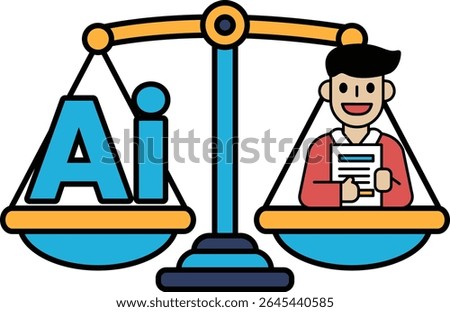 A man is standing on a scale with the letters AI on the left side. The scale is balanced, with the man on the right side. Concept of balance and the importance of AI in our lives