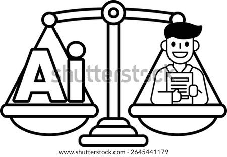 A man is standing on a scale with the letters AI on the left side. The scale is balanced, with the man on the right side. Concept of balance and the importance of AI in our lives