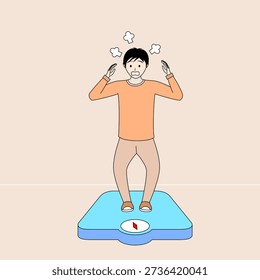O homem está em pé em uma balança e está em pânico porque seu peso subiu.