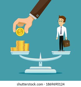 Man Standing On The Scales With Golden Dollar Coins. Employee Salary. Vector Illustration