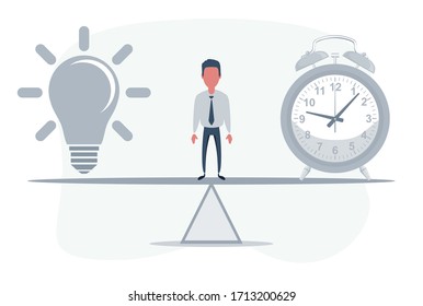 Man standing on seesaw between clock and Lightbulb. Vector flat design illustration.
