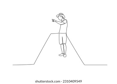 A man standing on the ship pointing ahead. Harbor activities one-line drawing