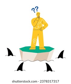 Man standing on a small island which surrounded by sharks. Risk concept. Colorful vector illustration