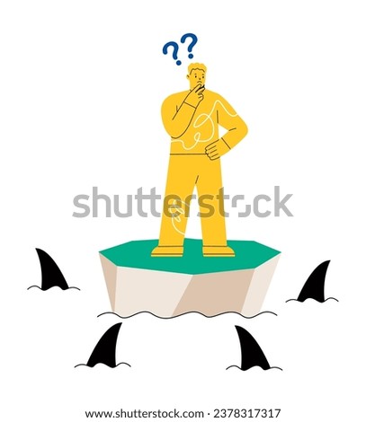 Man standing on a small island which surrounded by sharks. Risk concept. Colorful vector illustration