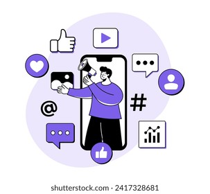 Hombre parado en la pantalla de un smartphone con megáfono, concepto de marketing de medios sociales ilustración plana, marketing digital, comercio electrónico, campaña de medios sociales, optimización de Seo, publicidad nativa