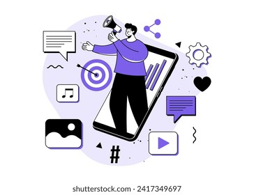 Man standing on smartphone screen with megaphone, social media marketing, digital marketing, endorsement, endorse, e-commerce, business concept flat illustration, social media campaign