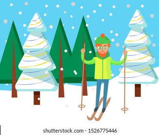 Man standing on snow hill near snowy fir-tree. Active leisure of male skiing near spruce. Snow weather outdoor, person in sleights going by slope. Postcard of activity in winter holiday vector
