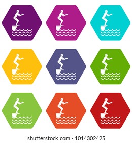 Man standing on springboard icon set many color hexahedron isolated on white vector illustration