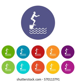 Man standing on springboard set icons in different colors isolated on white background