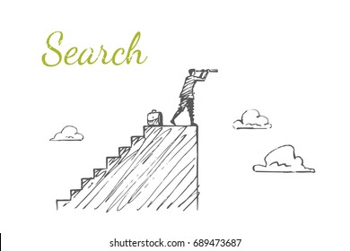 The man is standing on the stairs and looking at the telescope. Vector business concept illustration. Flat hand drawn sketch. Lettering search.