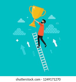Man standing on stairs and reaching cup on the sky. Modern flat vector illustration. Success concept. Progress, victory.