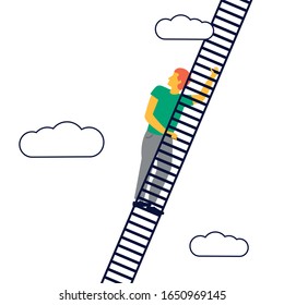 Man is standing on stairs on the sky. Goals and dreams. Business and career concept. Flat vector illustration.  Success concept. 