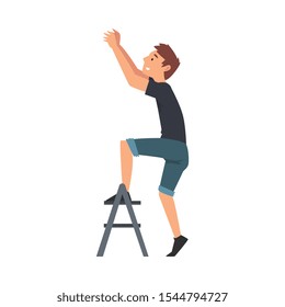 Man Standing on a Step Ladder and Changing Light Bulb Vector Illustration