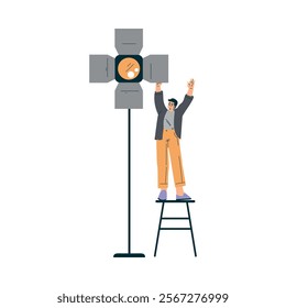 Man Standing on Stool with Lamp at Shooting Film Movie Production Scene Vector Illustration