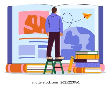 Man standing on stool reading an oversized open book with globe and paper plane imagery, surrounded by books, on white background. Concept of global education. Vector illustration