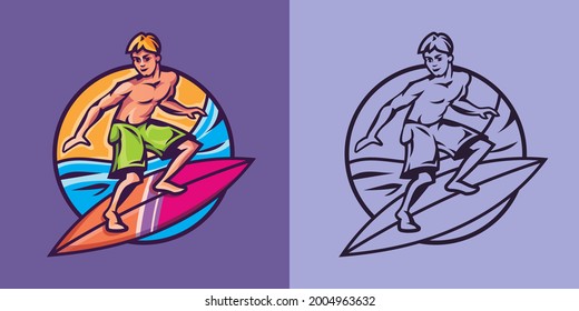 Man standing on surfboard in different styles. Surfing concept art.