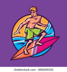 Man standing on surfboard. Surfing concept art in cartoon style.