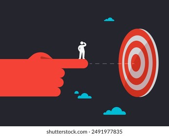 A man is standing on top of a big red hand while looking to the target. Isolated Vector Illustration