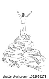 Man standing on the top cliff mountain graphic black white sketch illustration vector