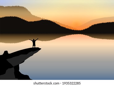 The man standing on top of cliff near the mountains at sunset and he enjoying view of nature. Vector concept of victory and successfully