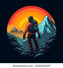 Man standing on top of cliff at sunset. High mountain hiking and trips to the countryside. cartoon vector illustration, isolated background, label, sticker