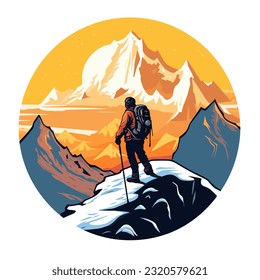 Man standing on top of cliff at sunset. High mountain hiking and trips to the countryside. cartoon vector illustration, isolated background, label, sticker