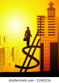 man with standing on top of dollar symbol,	