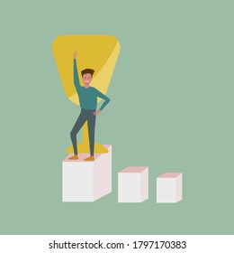 A man is standing on top highest box, There’s golden cup behind him.