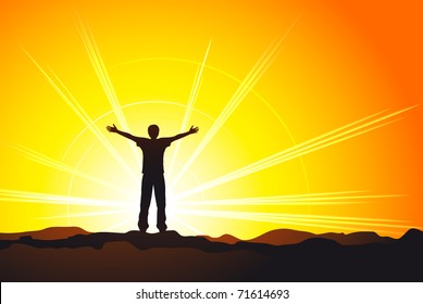 man standing on top of the hill with raised hands. Vector EPS8