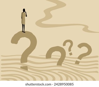 A man is standing on top of a large question mark. His gesture gives off an artistic vibe, symbolizing the curiosity or anxiety