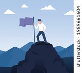 Man standing on top of mountain with flag, sucess leadership, vector illustration concept, Business man reach goal, can be used for landing page