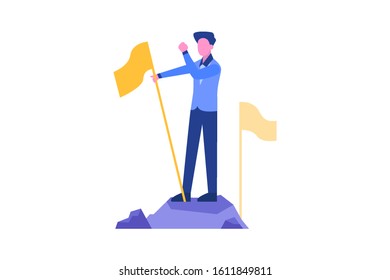 Man standing on top of mountain with flag, sucess leadership illustration concept for web landing page template, banner, flyer and presentation