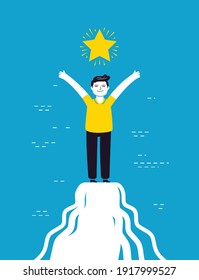 Man is standing on top of mountain. Success concept vector illustration