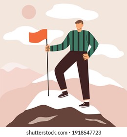 Man standing on the top of mountain with a red flag. Achievement of the goal, victory and success concept. Vector hand drawn cartoon flat style illustration