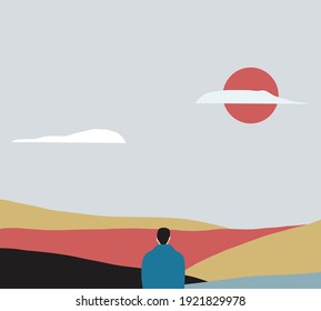 Hombre parado encima de una montaña mientras el sol se pone. Concepto de objetivos y logros. Formas geométricas, diseño de plantillas, arte de pared mínimo moderno, elementos de color terracota.