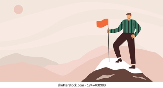 Hombre parado en la cima de la montaña con una bandera roja. Logro del objetivo, victoria y concepto de éxito. Ilustración de estilo plano con dibujos a mano de vectores