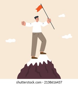 Man is standing on the top of a mountain and holds a winner flag. Goal achievement concept. Winner, success. Business reaching goal concept. Vector illustration