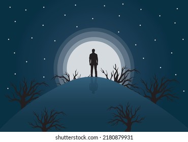  man standing on top of the mountain at night with moonlight