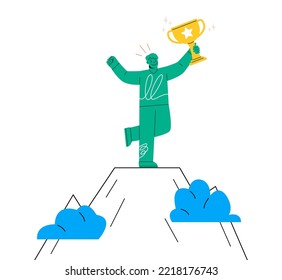 Hombre parado en lo alto de una montaña sosteniendo un trofeo ganador. Concepto de negocio. Ilustración vectorial colorida
