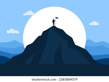 Man standing on top of mountain with flag in flat design. Success leadership concept vector illustration, Business man reach goal.
