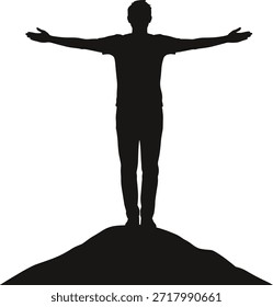 Hombre de pie en la cima del pico de la montaña con la palma y los dedos. Yemas de los dedos en gesto de oración. Manos juntas apretadas orando con las manos hacia arriba apuntando hacia la esperanza.